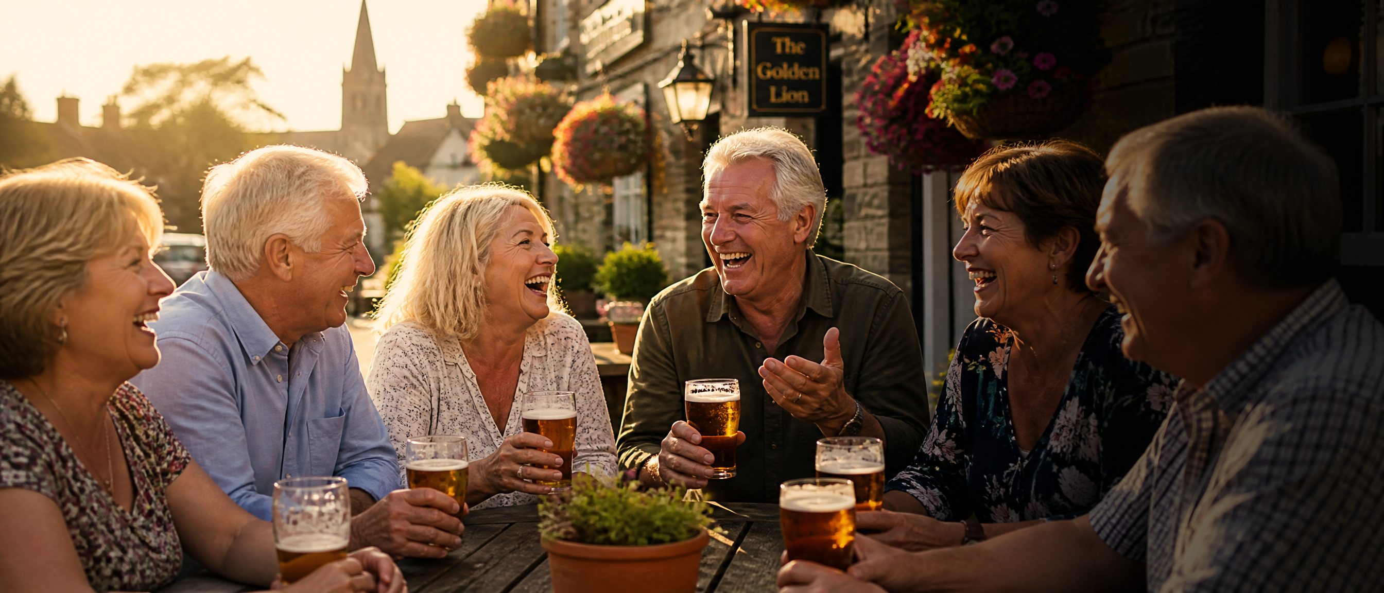 A group of joyful older adults laughing together in a sunny British pub garden