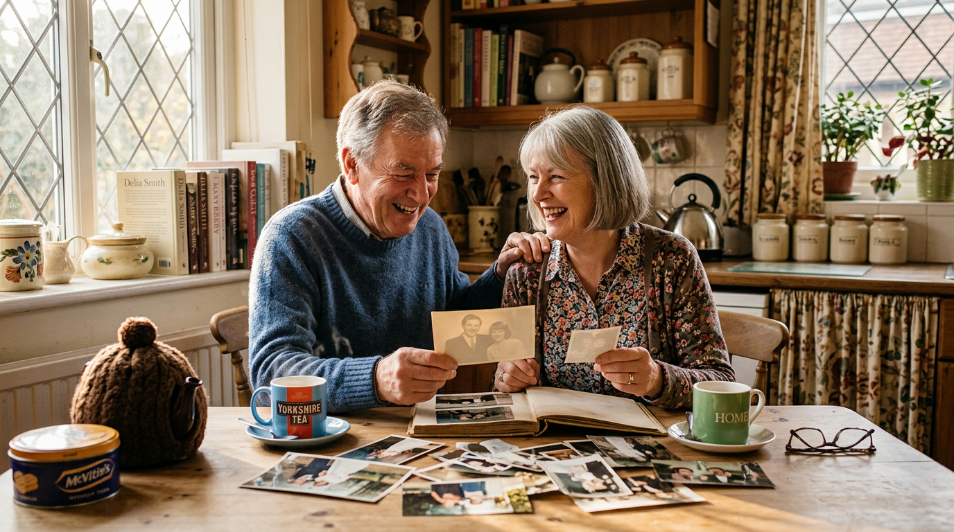 A couple laughing over old photos