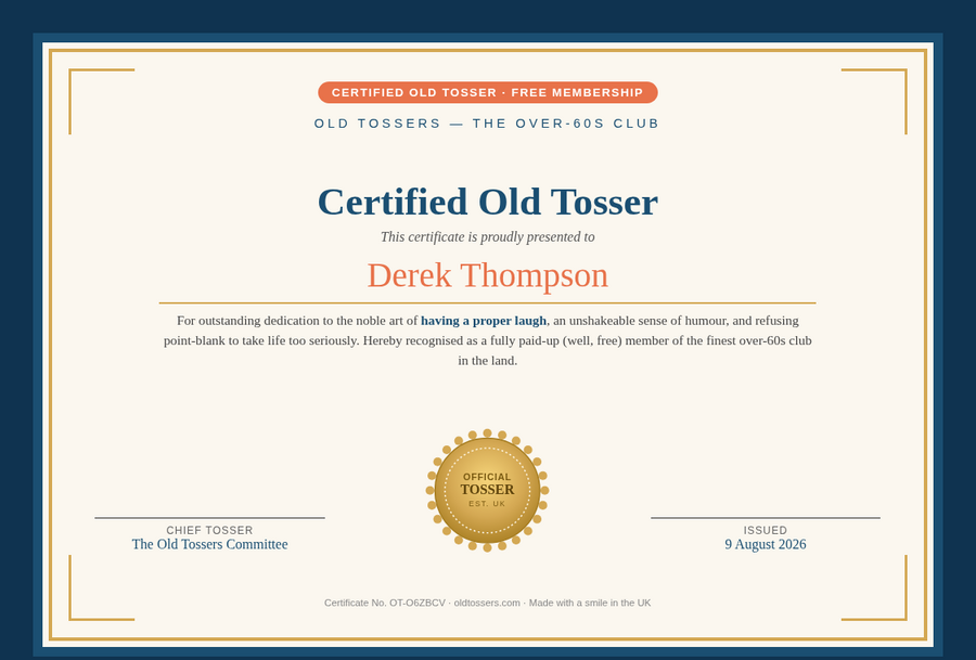 Old Tosser certificate preview