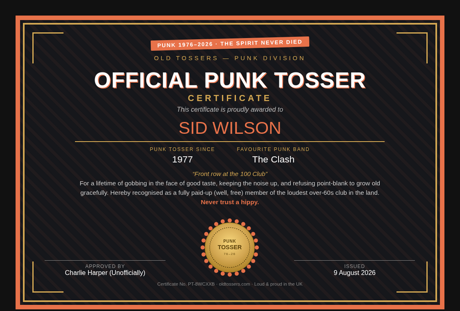 Punk Tosser certificate preview